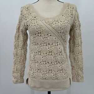 anthropologie cream long sleeve crochet knit sweater womens xs beachy boho